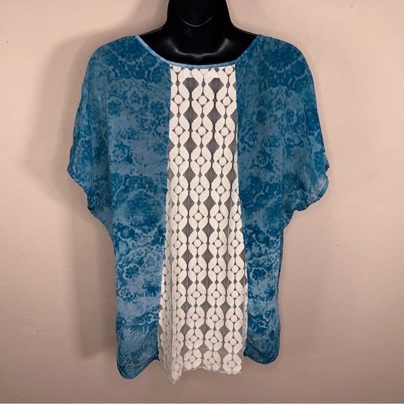 0X MAURICES BLUE WHITE LACE SEMI SHEER BLOUSE SHORT SLEEVE BOHO LIGHTWEIGHT - Picture 4 of 11
